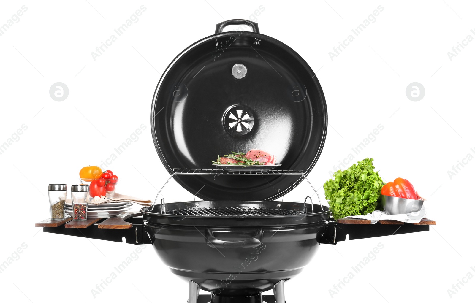 Photo of Modern barbecue grill with tasty food on white background