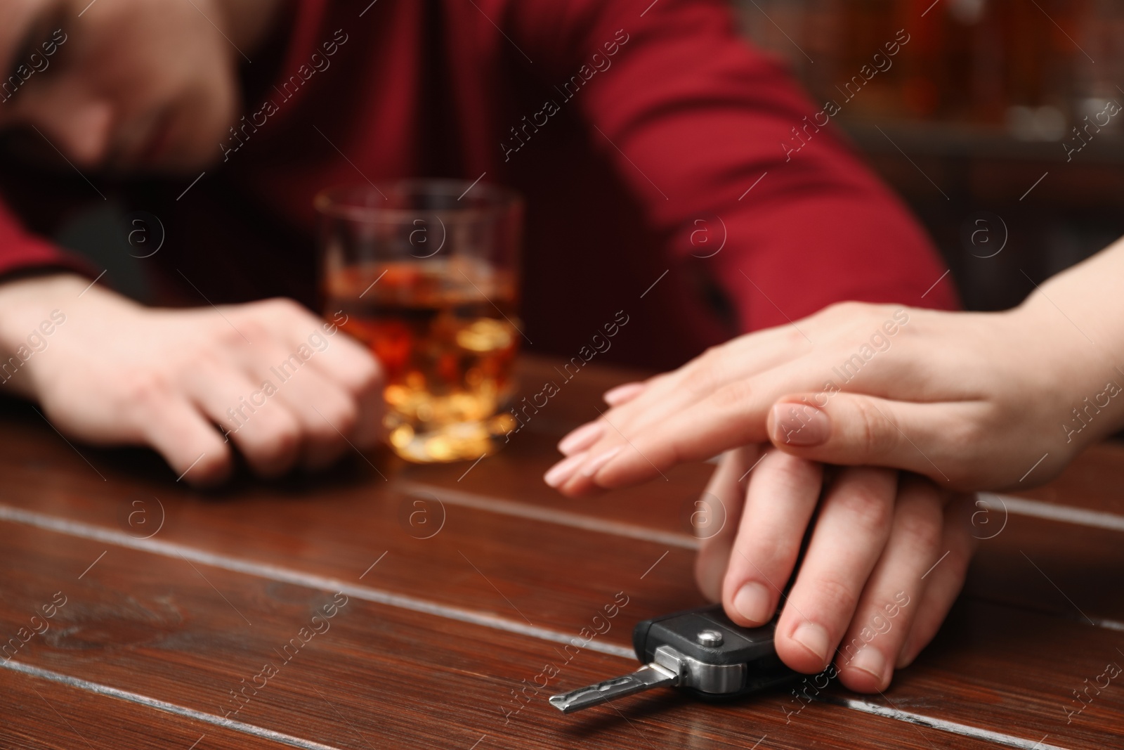 Photo of Woman stopping drunk man from taking car keys, closeup. Don't drink and drive concept