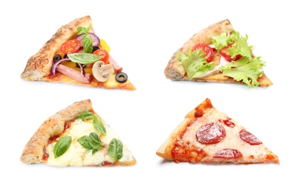 Set with pieces of different pizzas on white background 