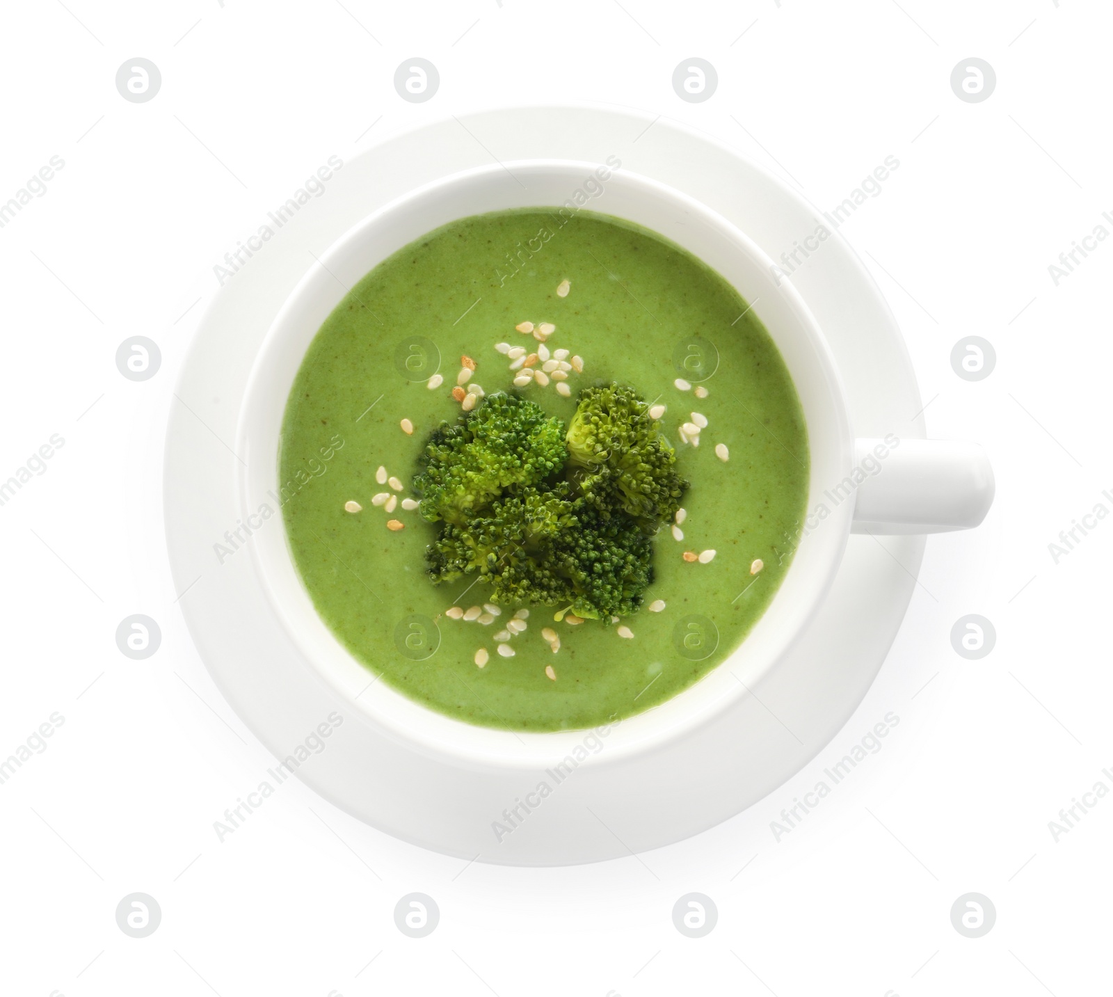 Photo of Fresh vegetable detox soup made of broccoli in dish on white background, top view