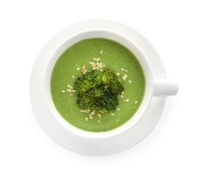 Photo of Fresh vegetable detox soup made of broccoli in dish on white background, top view