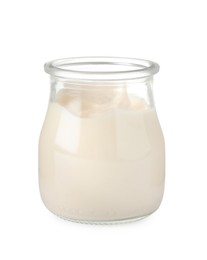 Photo of Mayonnaise in glass jar isolated on white