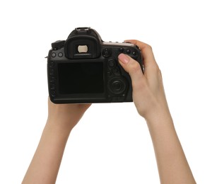 Photo of Photographer with camera on white background, closeup