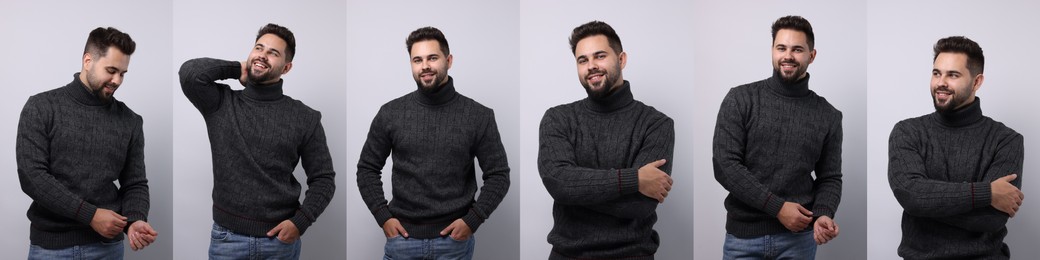 Man in warm sweater on light grey background, set of photos