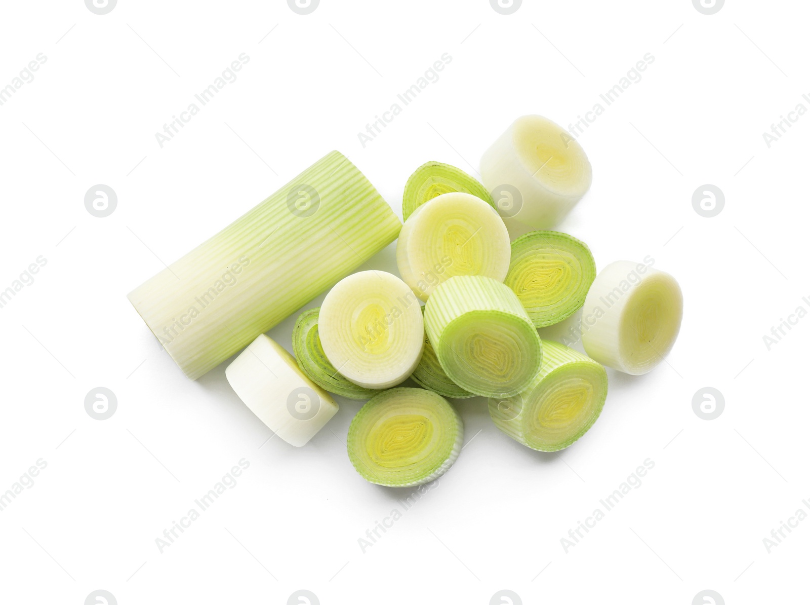 Photo of Fresh raw leek slices on white background, top view