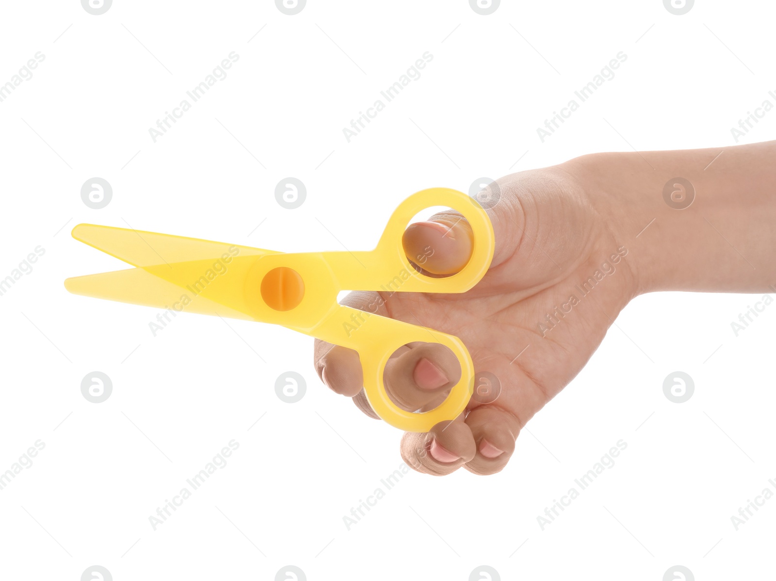 Photo of Woman holding colorful plastic scissors on white background, closeup