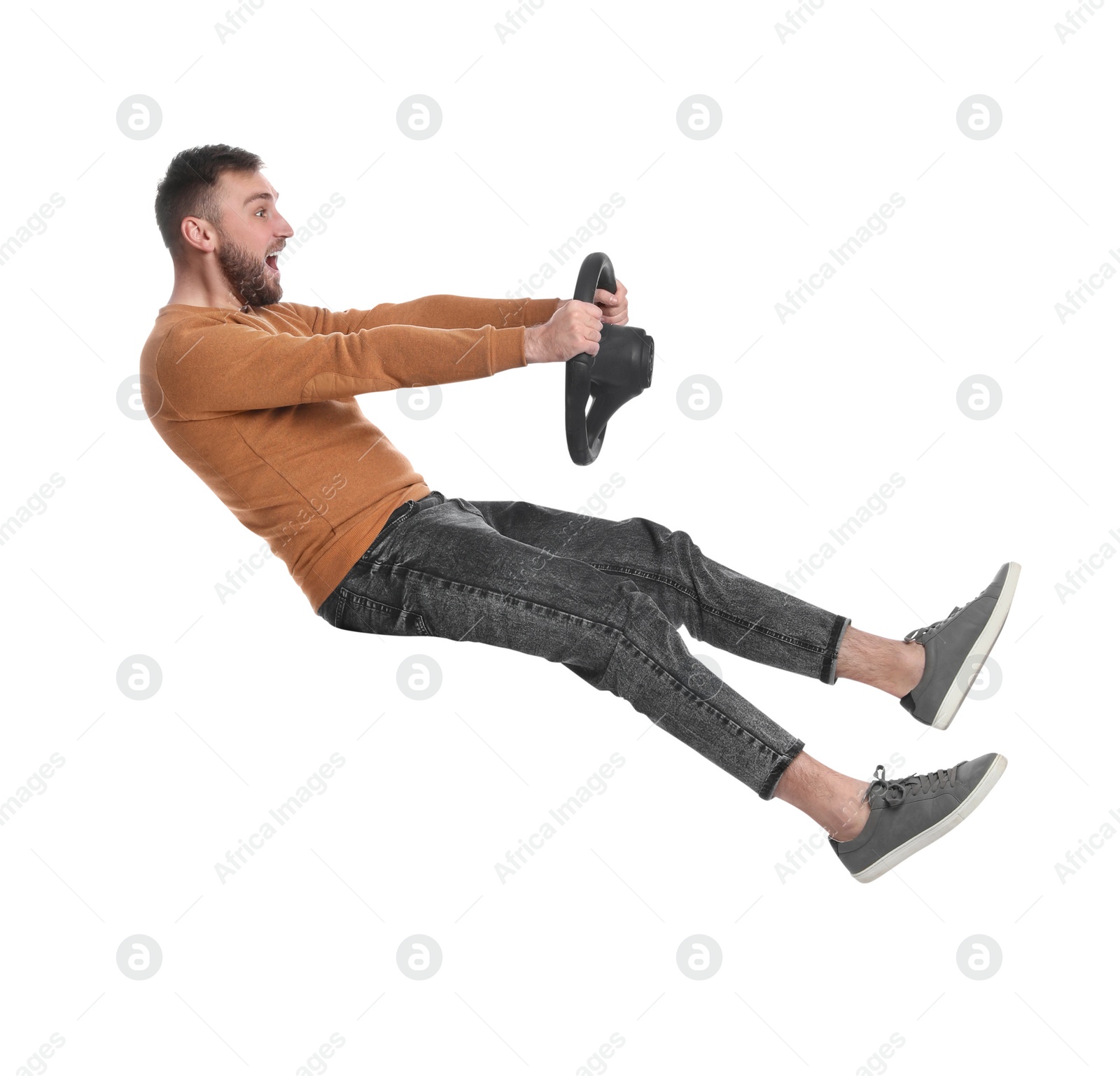 Photo of Emotional man with steering wheel against white background