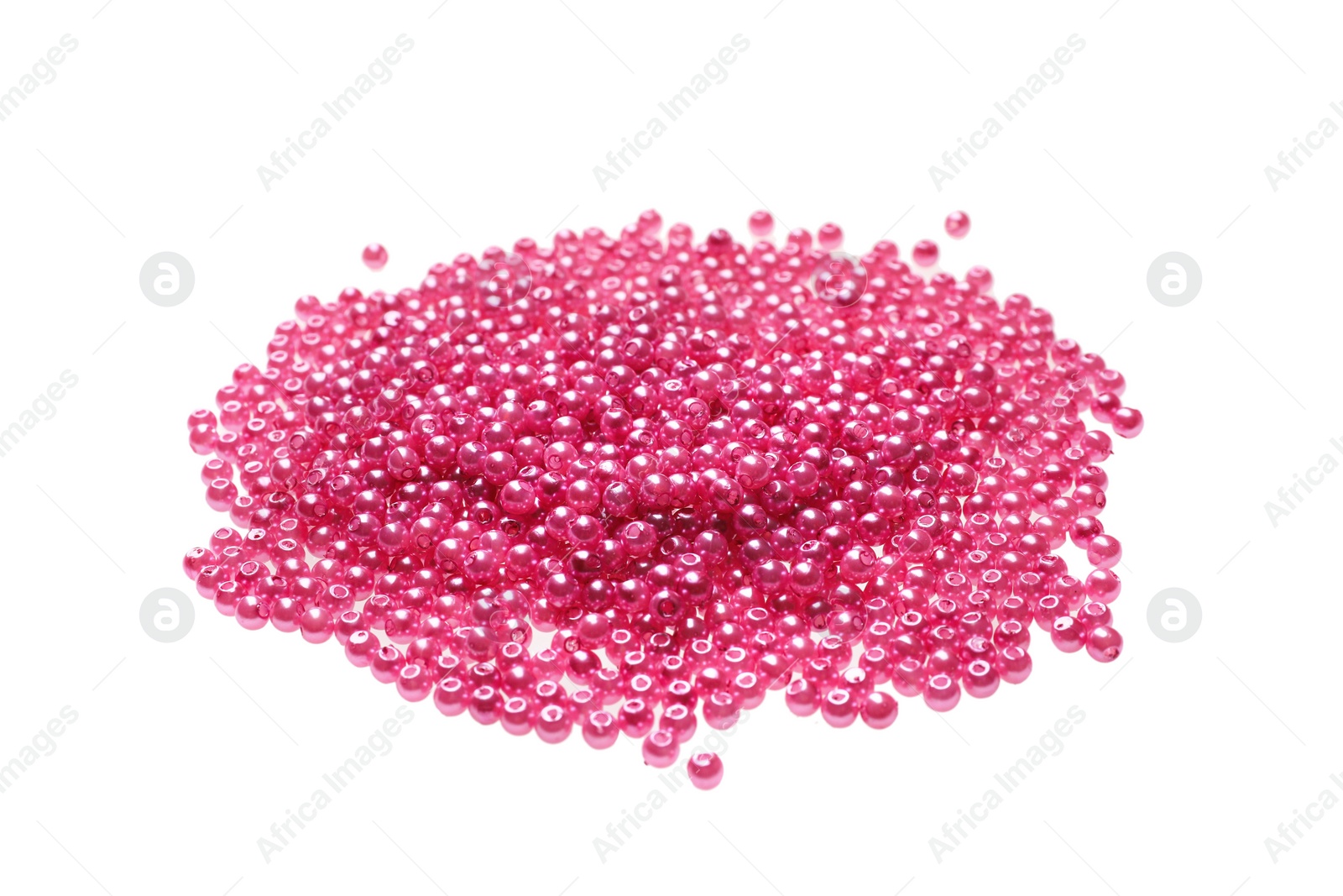 Photo of Pile of pink beads on white background