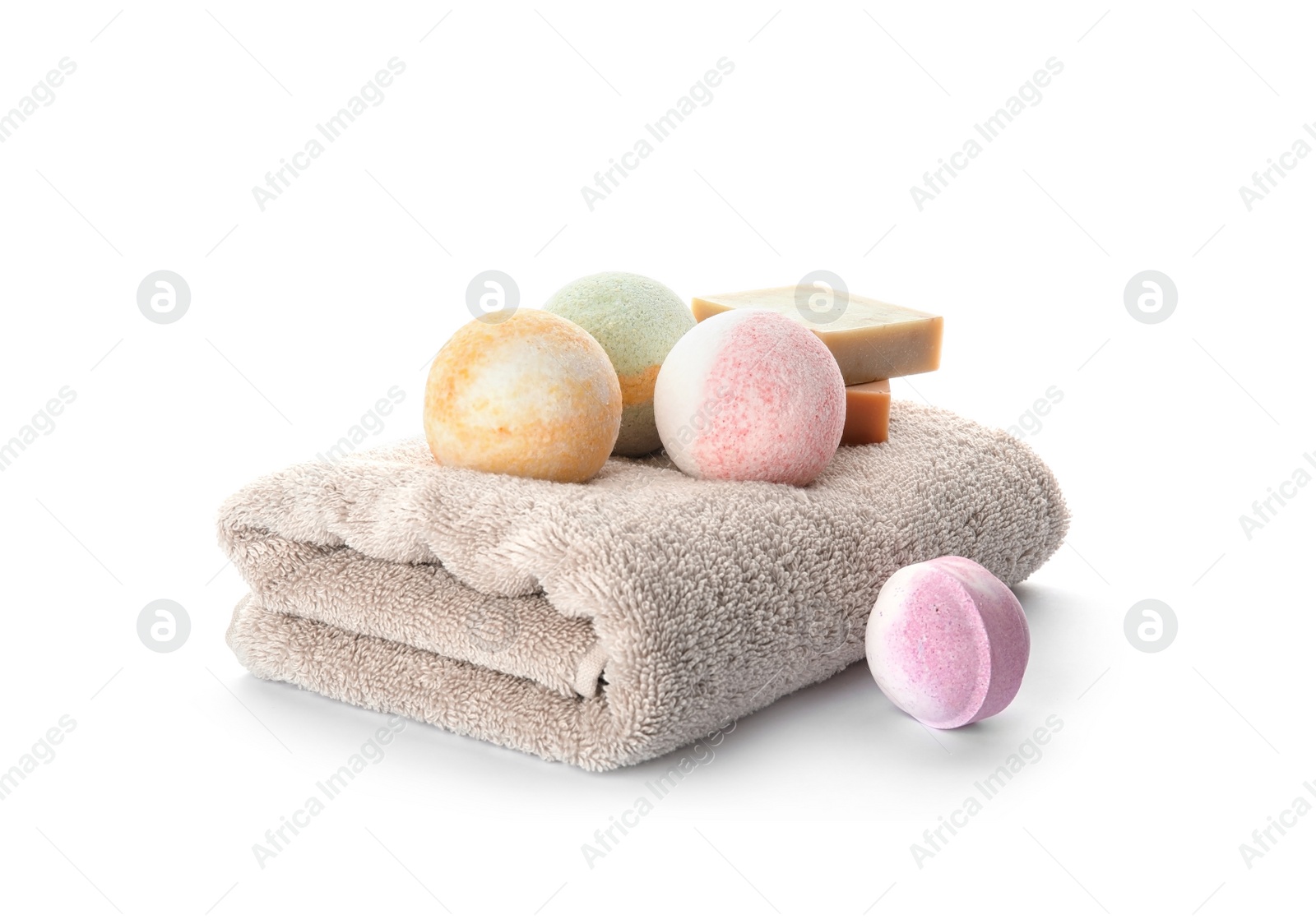 Photo of Composition with bath bombs isolated on white