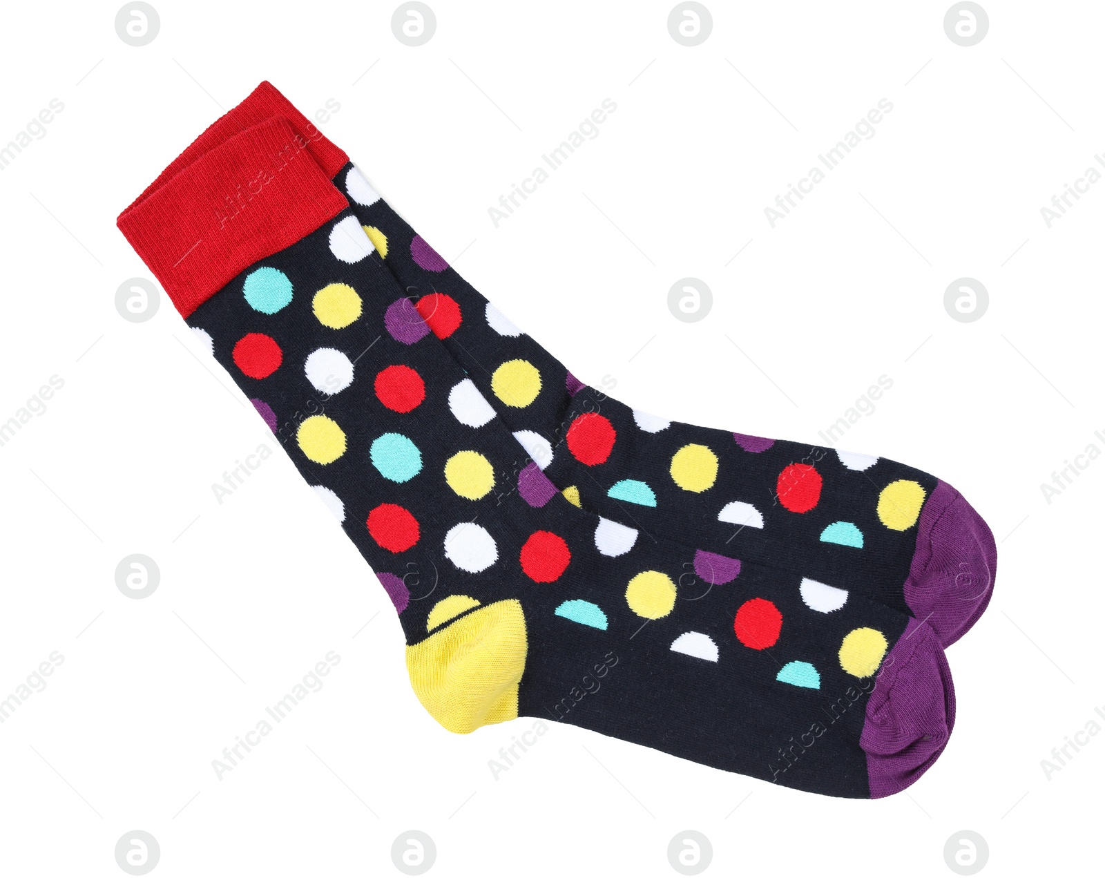 Photo of Colorful socks on white background, top view