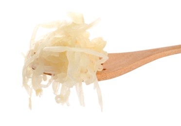 Photo of Fork with tasty sauerkraut on white background