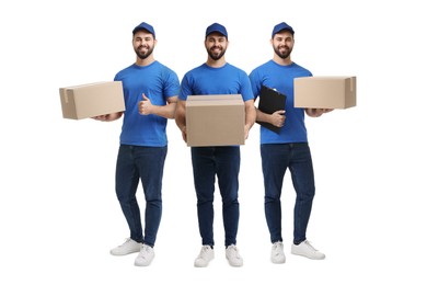 Image of Delivery service. Happy courier with cardboard boxes on white background, collage of photos