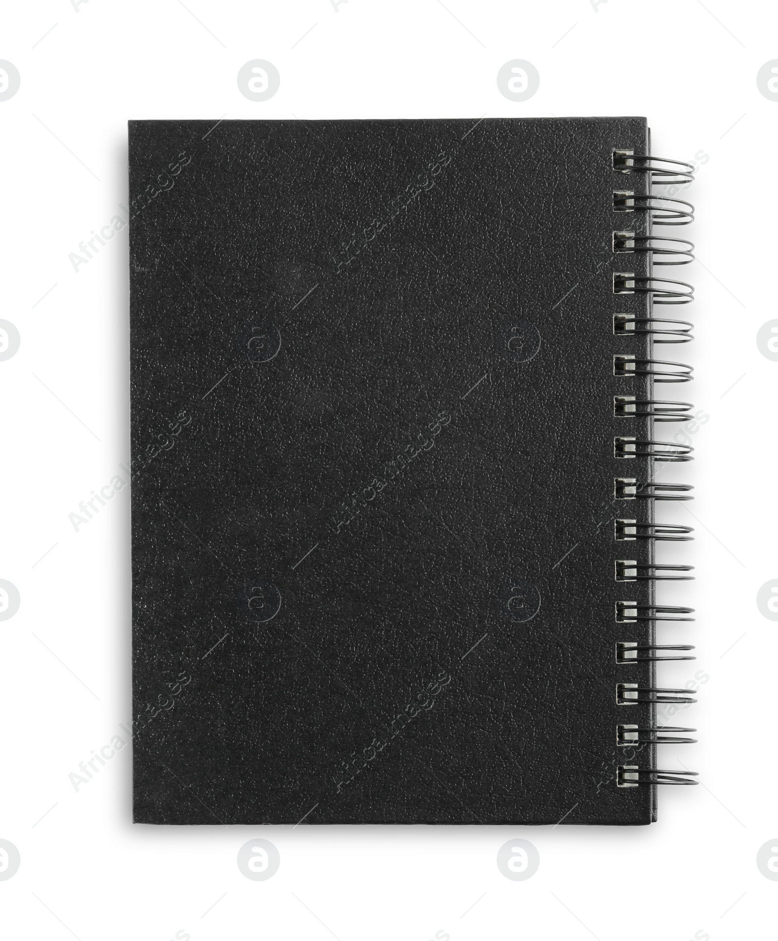 Photo of One notebook with black cover isolated on white, top view