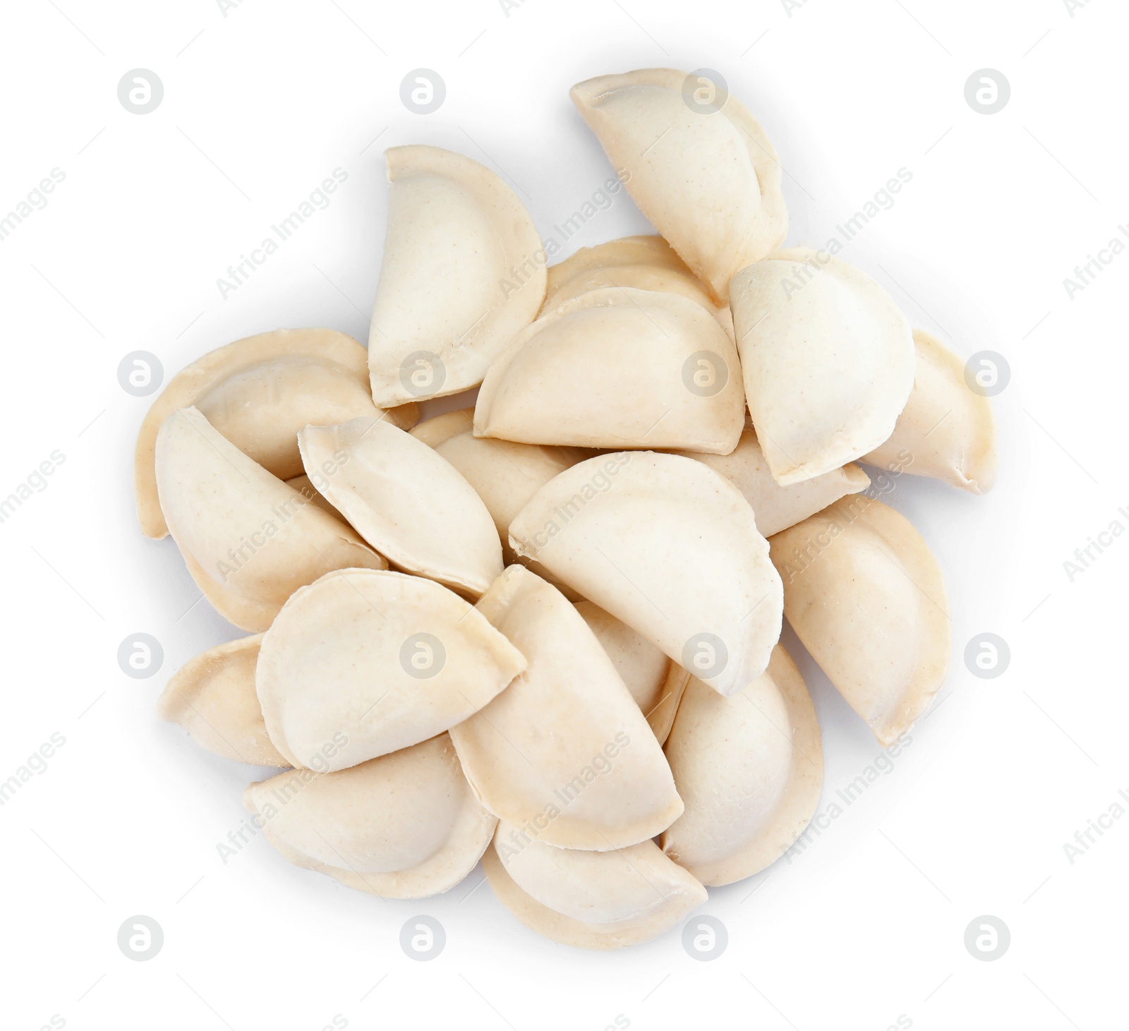 Photo of Raw dumplings on white background, top view. Home cooking