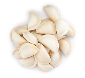 Photo of Raw dumplings on white background, top view. Home cooking