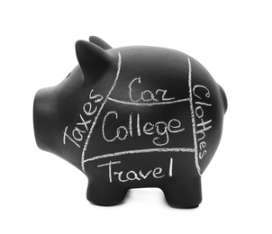 Black piggy bank divided into savings categories on white background