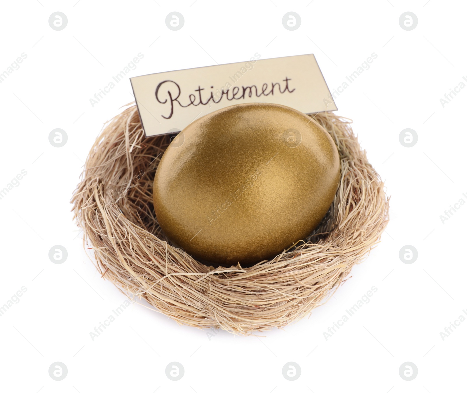 Photo of One golden egg and card with word Retirement in nest on white background. Pension concept