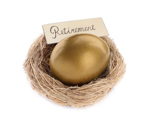 Photo of One golden egg and card with word Retirement in nest on white background. Pension concept
