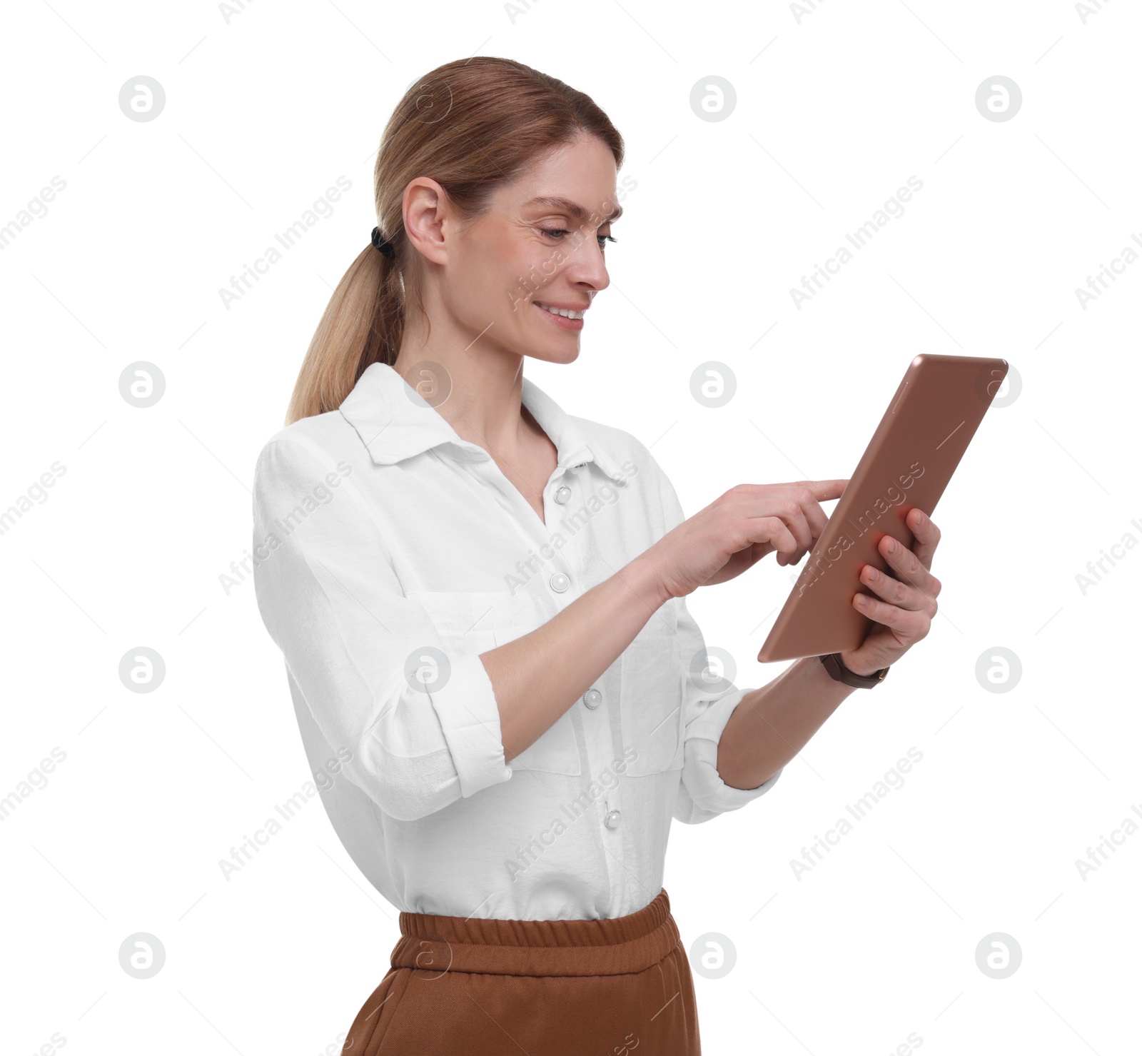 Photo of Beautiful happy businesswoman using tablet on white background