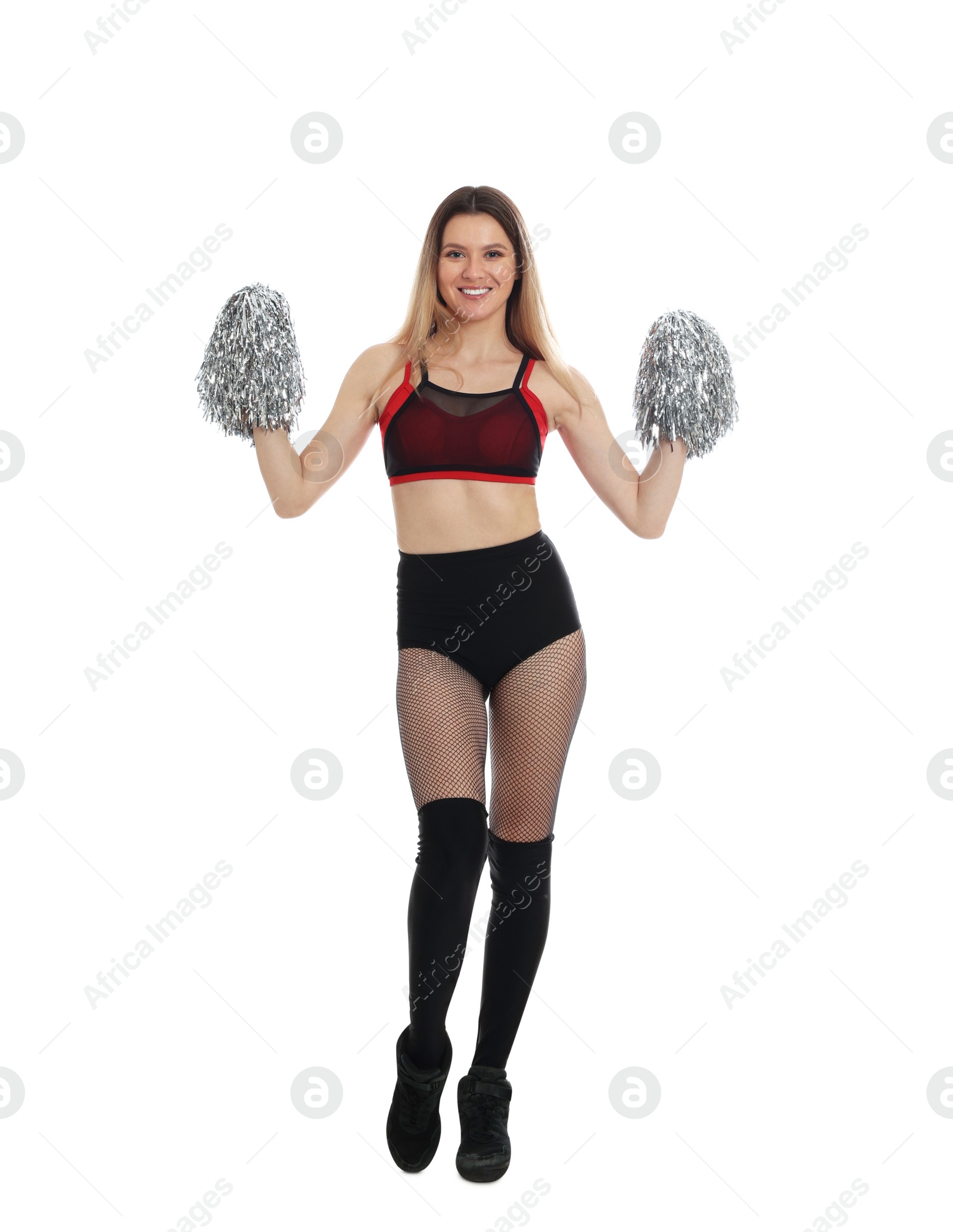 Photo of Beautiful cheerleader in costume holding pom poms on white background