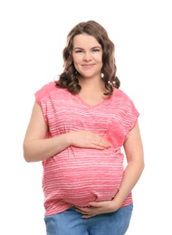 Young pregnant woman in casual clothes on white background