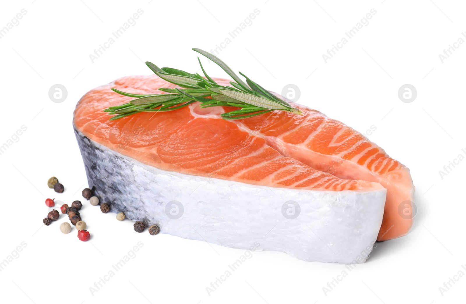 Photo of Fresh raw salmon steak with rosemary and peppercorns on white background