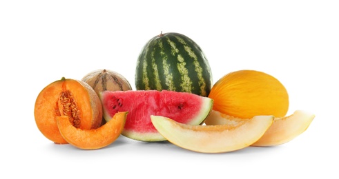 Photo of Sliced tasty melons and watermelons on white background