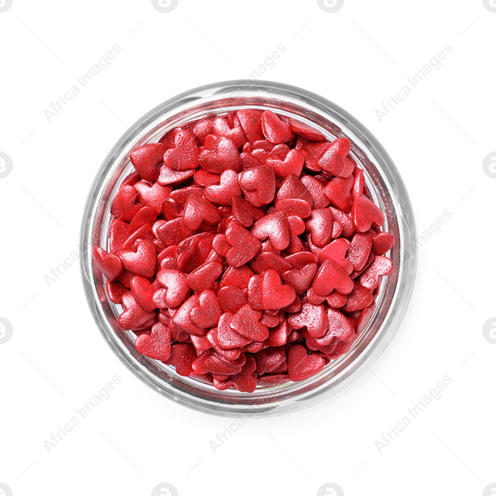 Photo of Sweet candy hearts in bowl on white background, top view