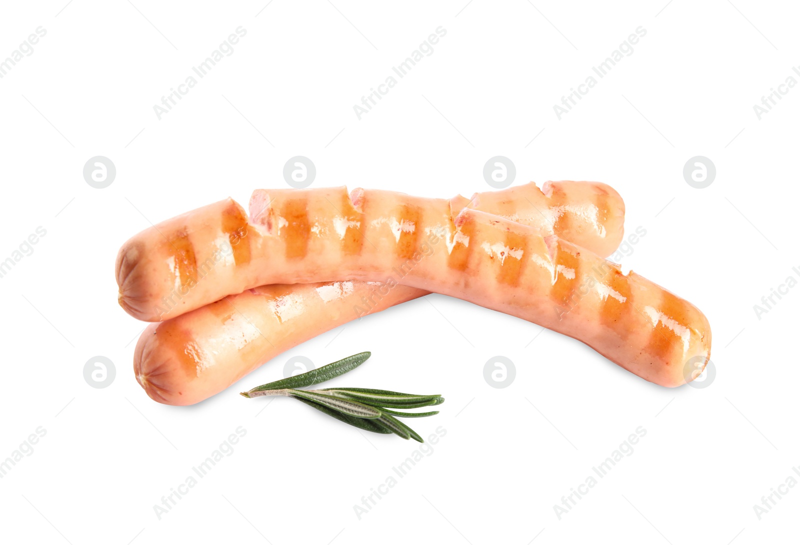 Photo of Grilled sausages and rosemary isolated on white