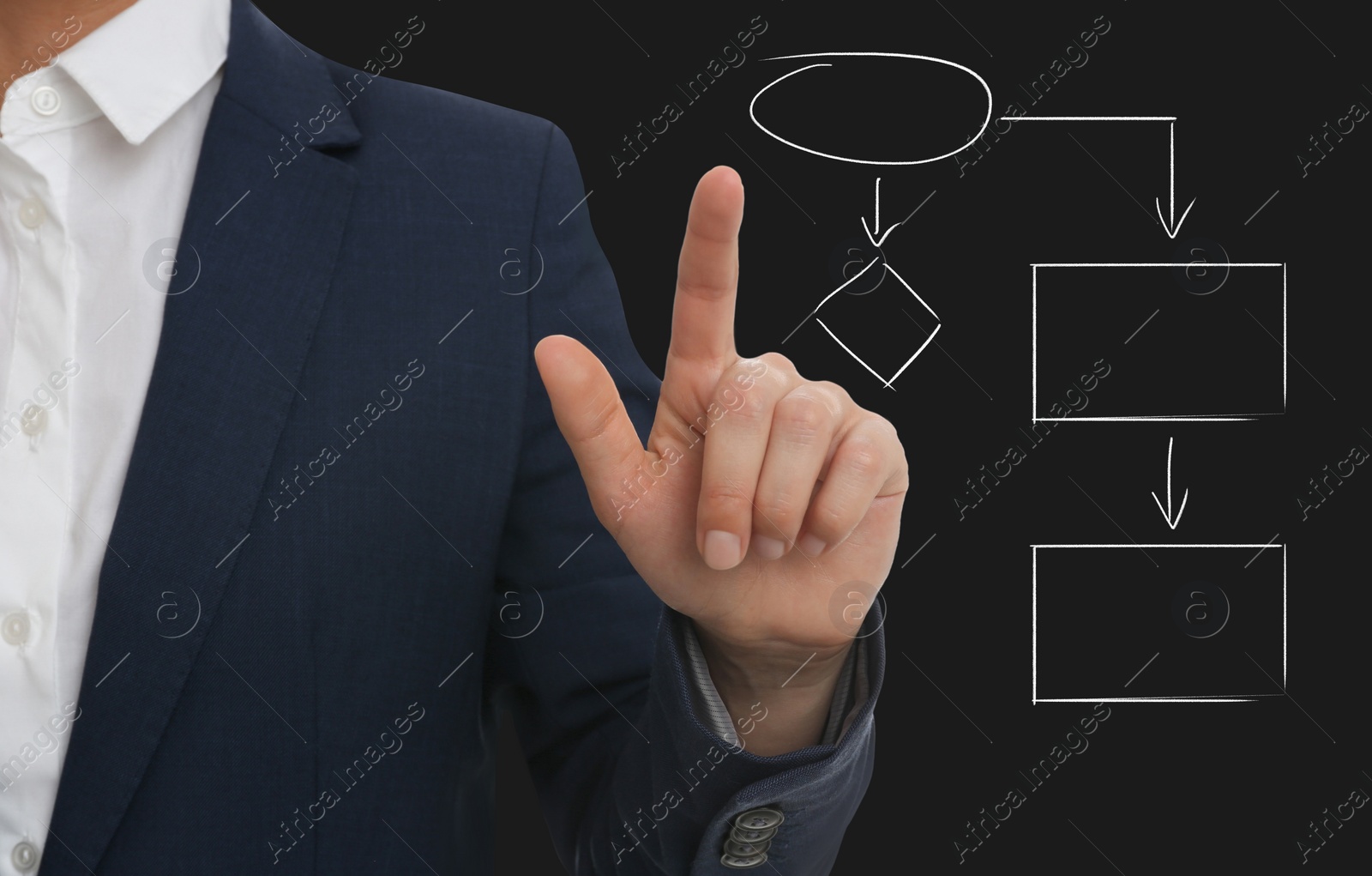 Image of Man pointing at flowchart on virtual screen against black background, closeup. Business process