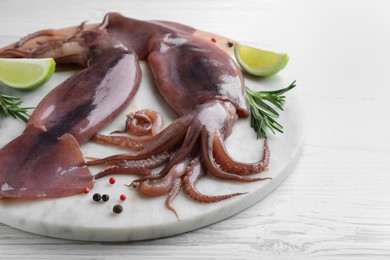 Fresh raw squids with lime and rosemary on white wooden table, closeup