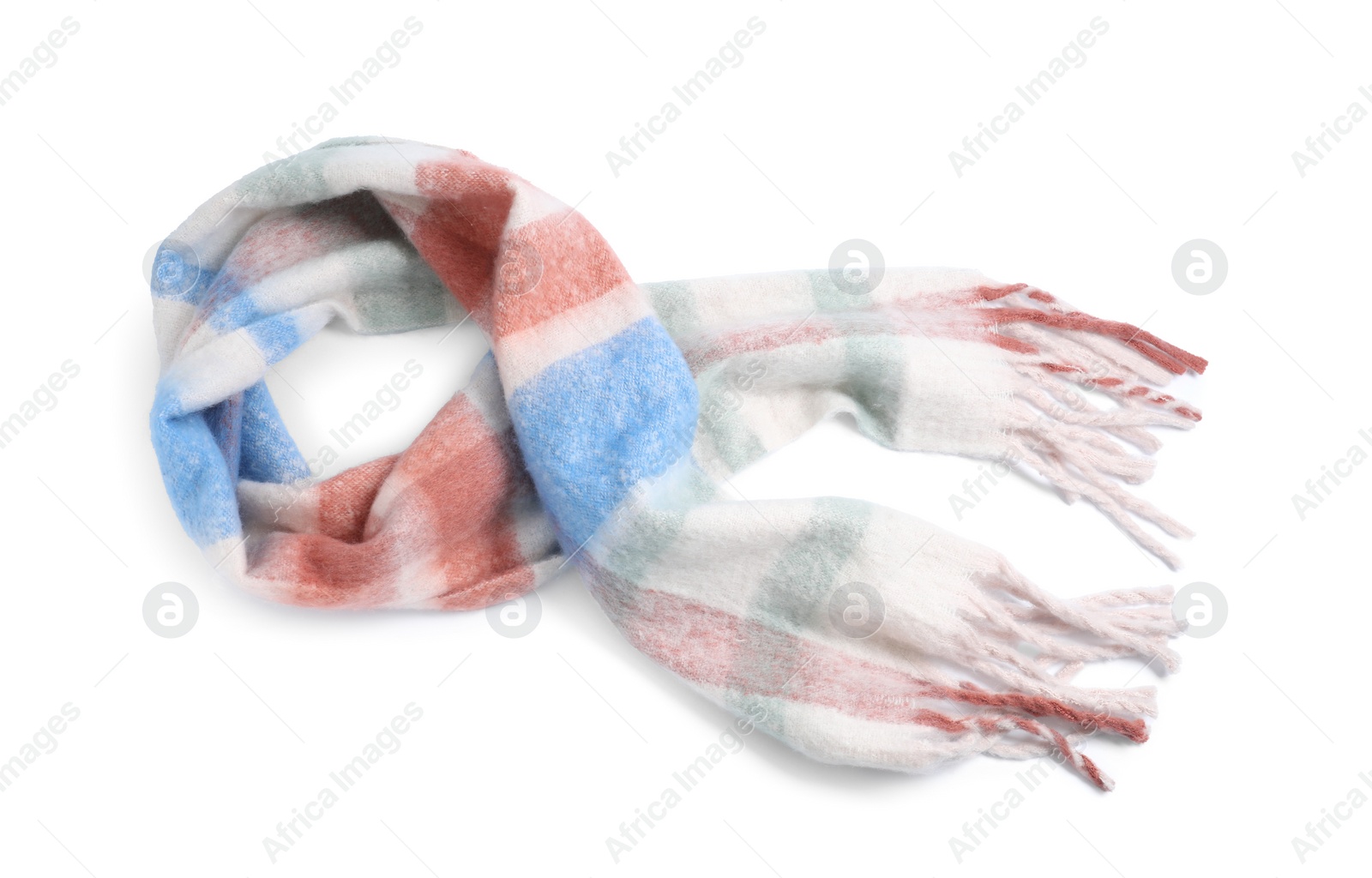 Photo of One beautiful checkered scarf on white background, top view