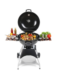 Modern barbecue grill with tasty food on white background