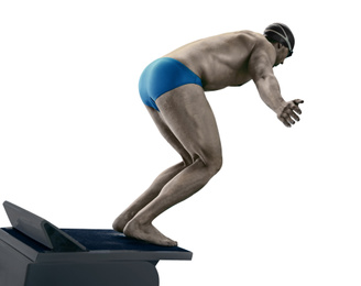 Image of Young athletic man jumping from starting block in swimming pool against white background