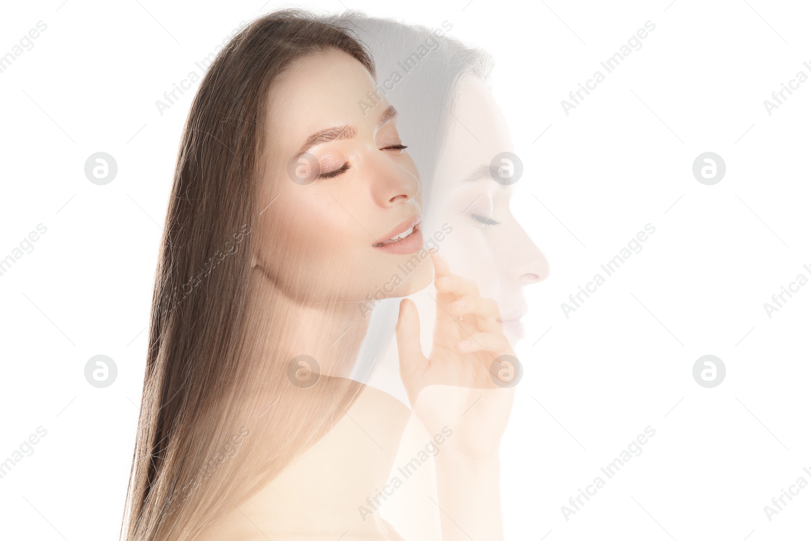 Image of Double exposure of beautiful young woman on white background