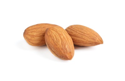 Photo of Organic almond nuts on white background. Healthy snack