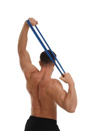 Young man exercising with elastic resistance band on white background, back view