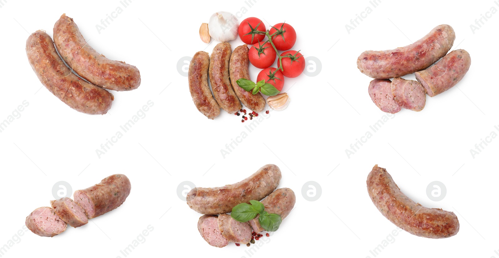 Image of Tasty homemade sausages isolated on white, set