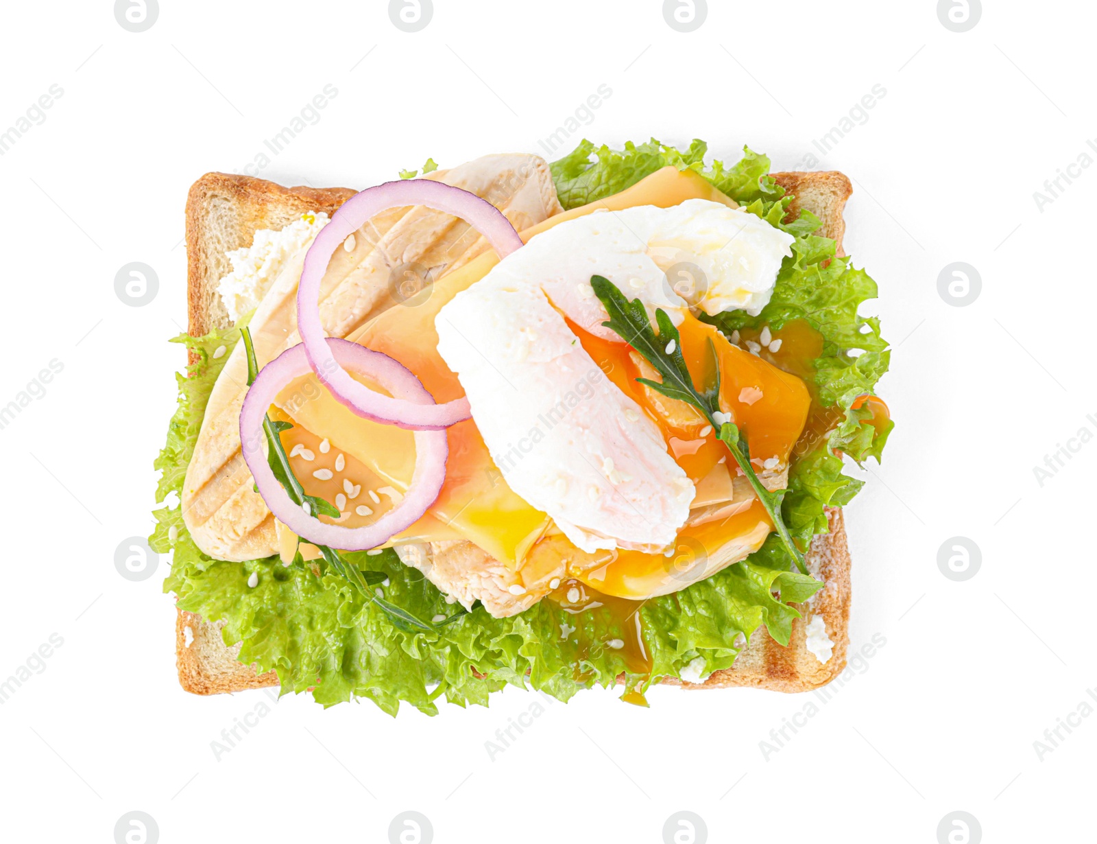 Photo of Tasty sandwich with chicken and poached egg isolated on white, top view