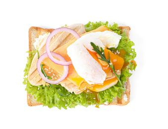 Photo of Tasty sandwich with chicken and poached egg isolated on white, top view