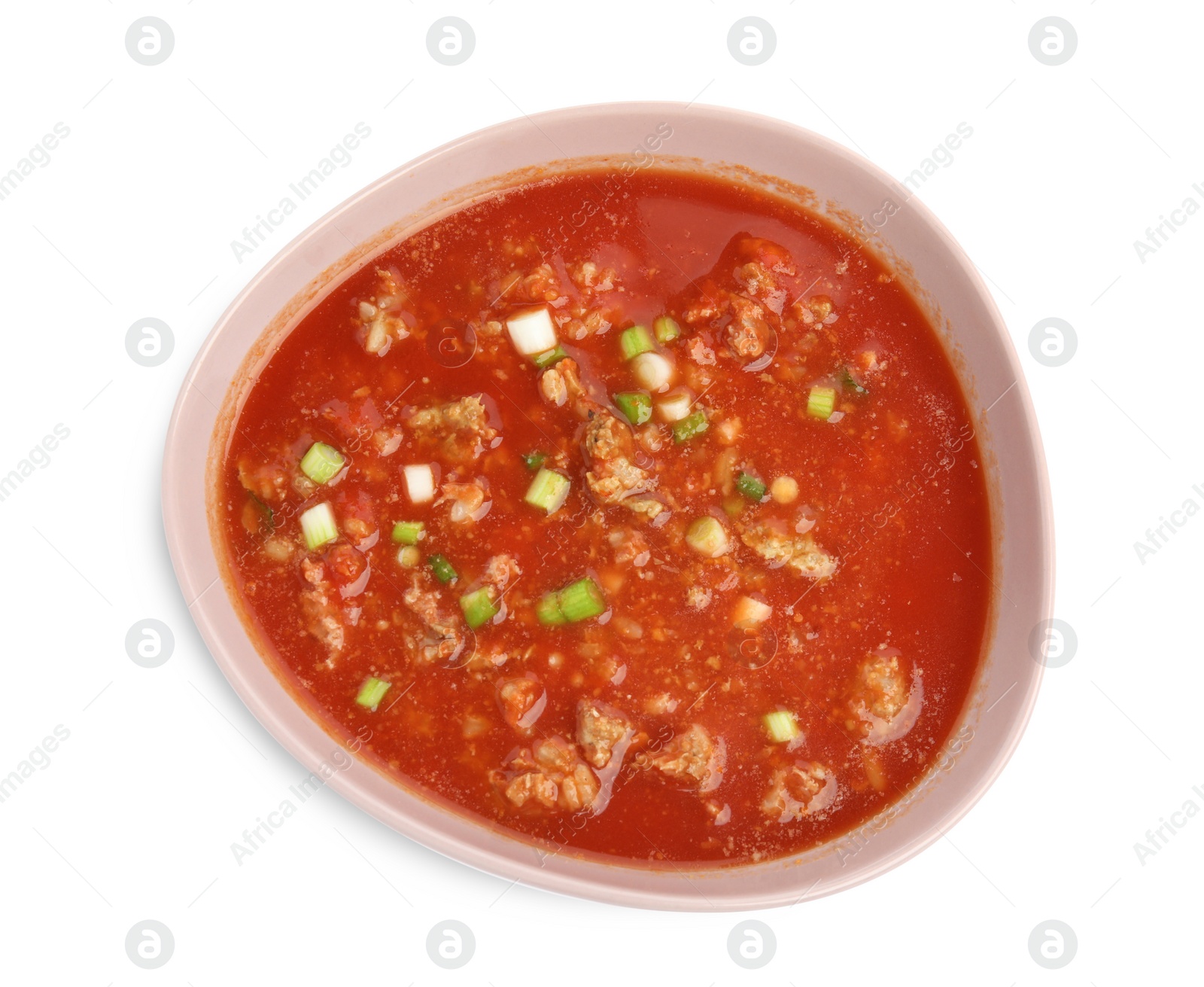 Photo of Bowl of delicious stuffed pepper soup on white background, top view