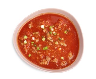 Bowl of delicious stuffed pepper soup on white background, top view