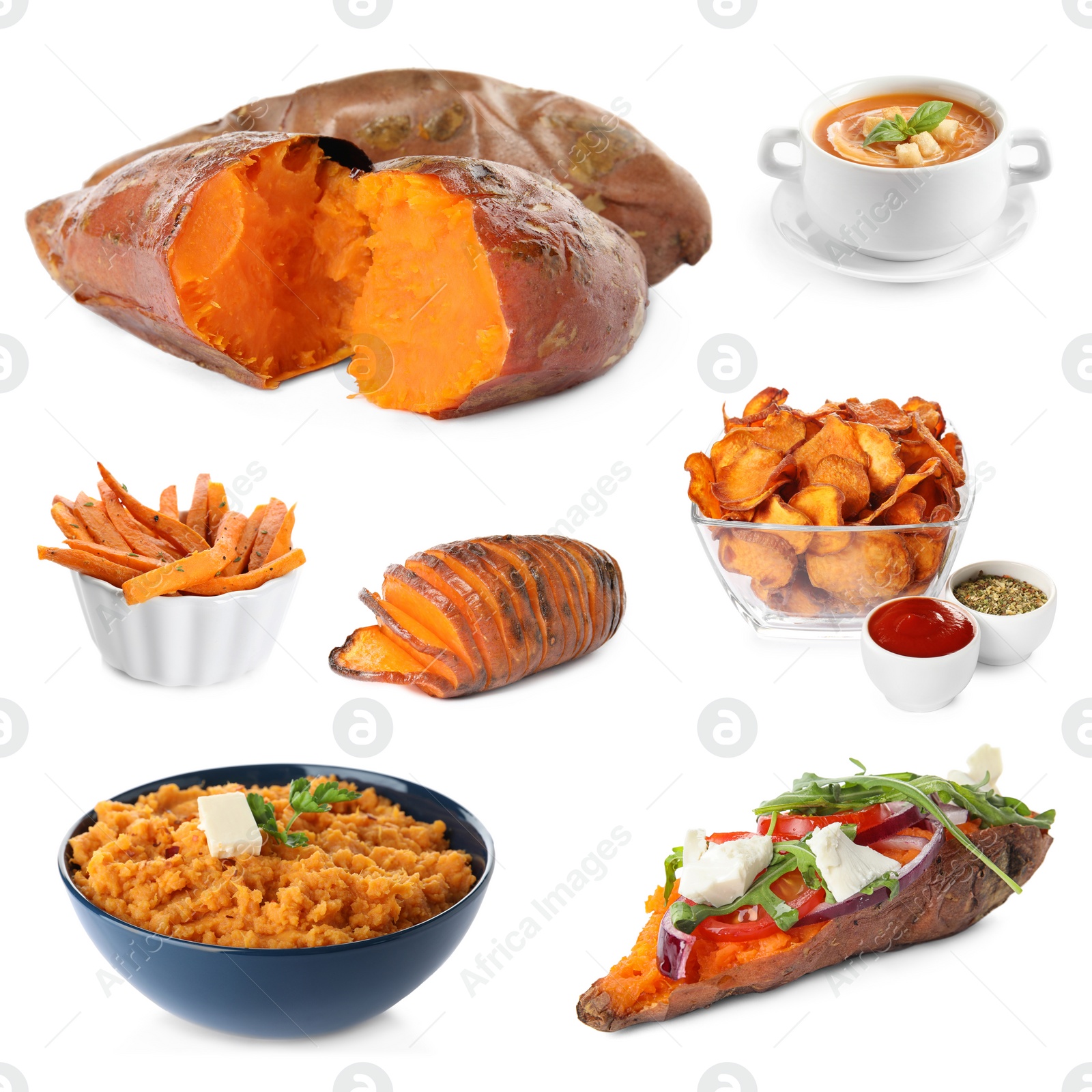 Image of Set of delicious sweet potatoes dishes on white background