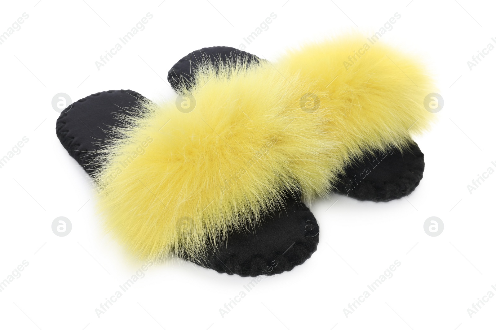 Photo of Pair of fluffy slippers isolated on white