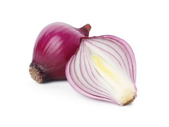 Photo of Fresh cut and whole red onion bulbs isolated on white