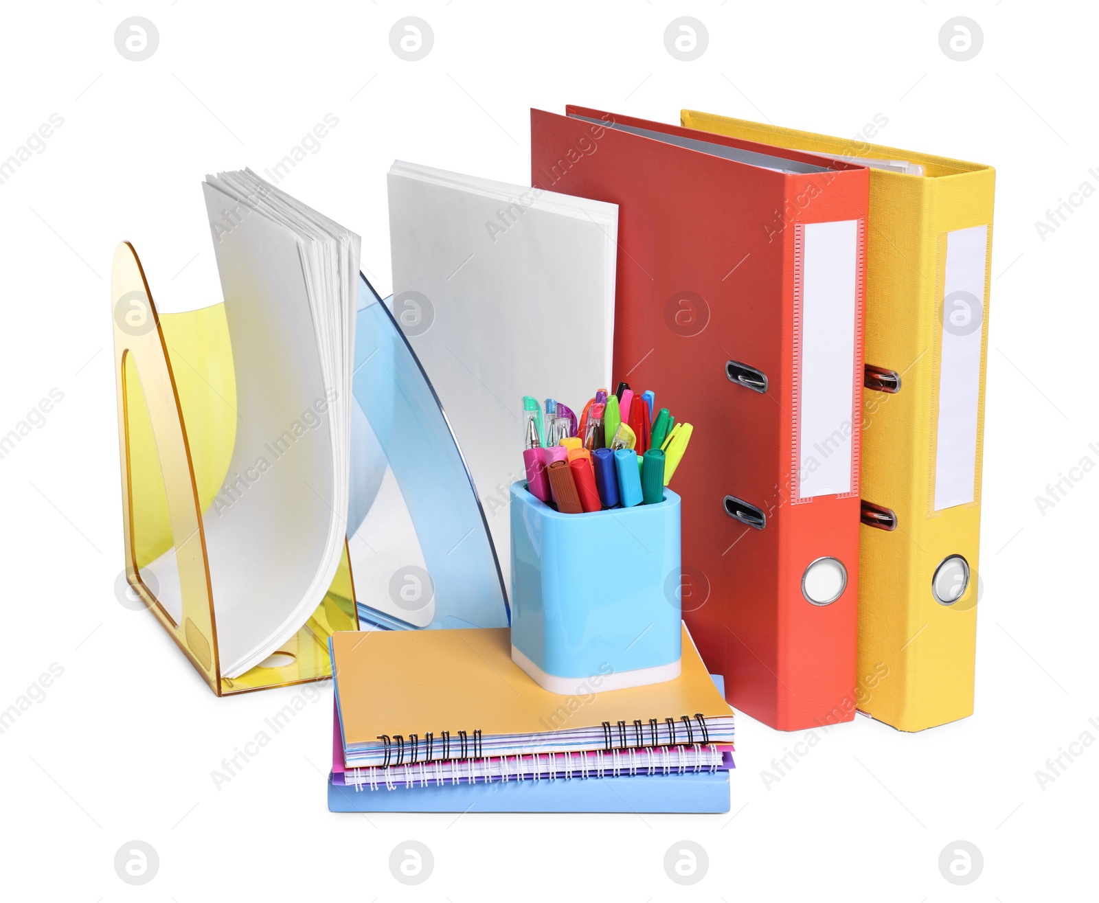 Photo of Bright office folders and different stationery isolated on white