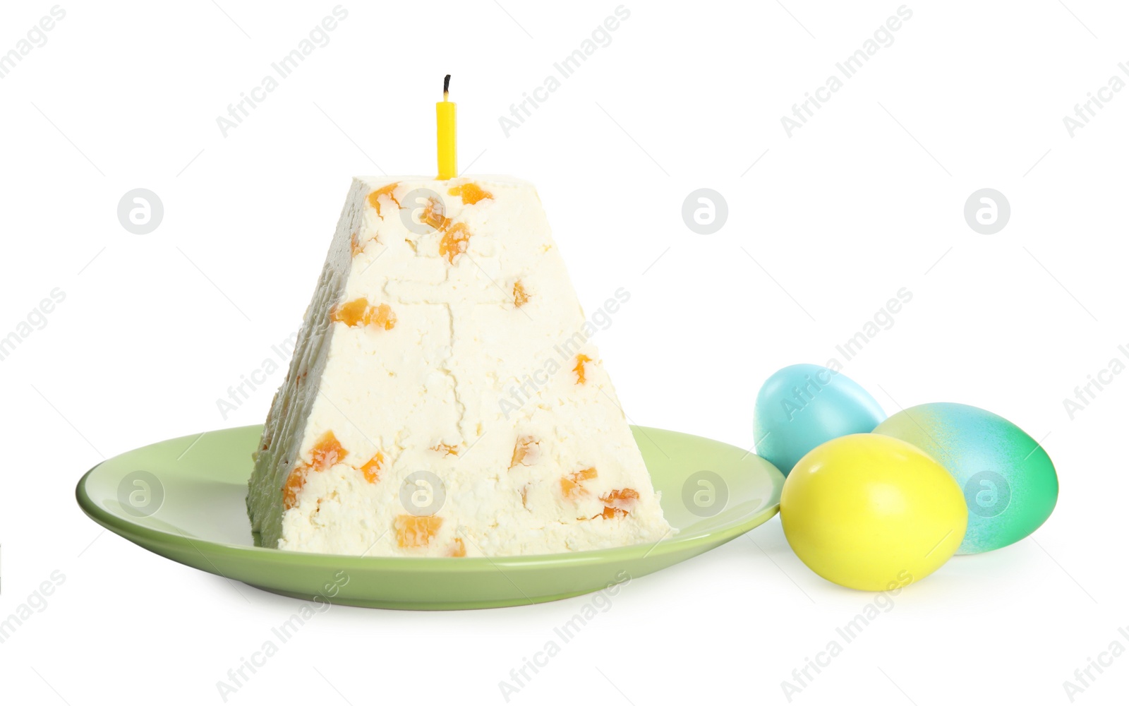 Photo of Traditional cottage cheese Easter paskha and eggs on white background