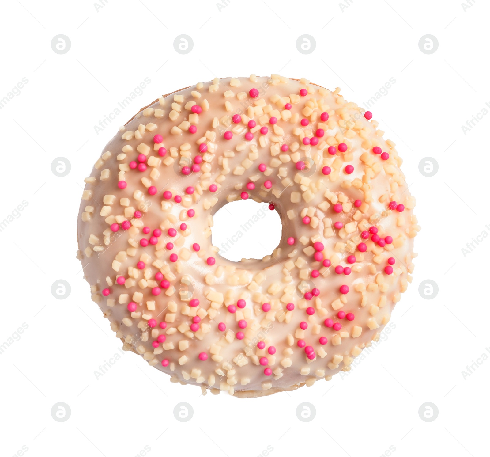 Photo of Delicious glazed doughnut with sprinkles on white background