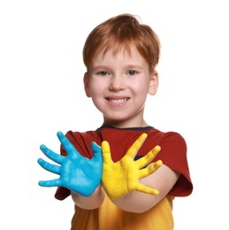 Photo of Little boy with hands painted in Ukrainian flag colors against white background, focus on palms. Love Ukraine concept
