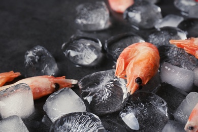 Photo of Shrimps and ice cubes on table, closeup